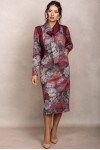 Rochie midi Galia din tricot visiniu cu imprimeu floral, maneca lunga si buzunare